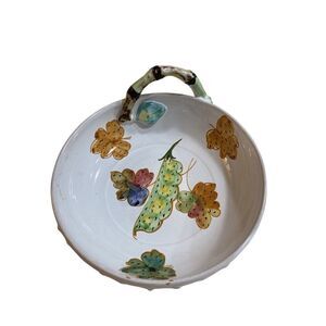 Hand-Painted Italian Ceramic Bowl With Floral & Peapod Design Twig Handle 7" Dia